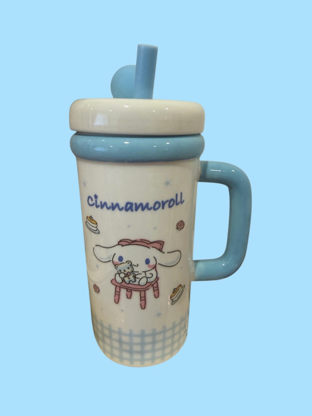 Sanrio Cinnamoroll Blue and Cream Ceramic Travel Mug with Straw
